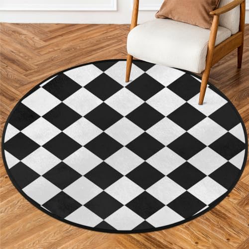 Black White Checkered Round Area Rug 5Ft Grid Circle Carpet Floor Mat - color: Grid, size: 5 ft