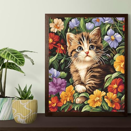 Paint by Numbers Cute Cat, Kitten Surrounded by Flowers Paint by Number for Adults Beginner on Canvas, Cat Portrait Acrylic Oil Painting Kit, Home Wall Decor Animals (16x20inch, No Frame)