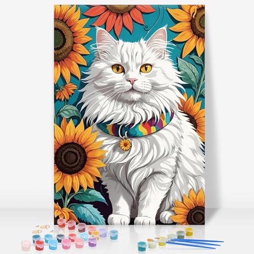 GEEHEIY Framed Paint by Numbers Kit for Adults, Cat Sunflowers, 8 x 12 Inch | DIY Adult Paint by Number Kit for Beginners, Cat Wall Decor, Stress Relief Craft Gift, Creative Hobby - color: TRTD1PF311