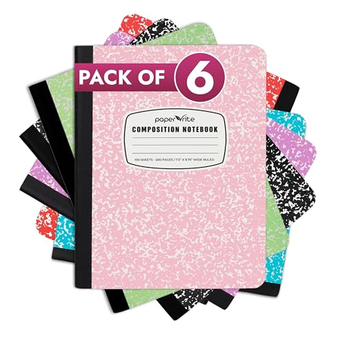 Paper Rite Wide Ruled Marble Composition Notebooks | Colorful Covers | 100 Sheets | For School Office Students | 9.75 x 7.5 in | Pack of 6