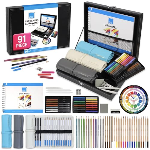COLOUR BLOCK 91-Piece Sketching & Drawing Art Set with Colored, Metallic, Charcoal, Pastel Pencils, Soft Pastels, Charcoal & Graphite Sticks, Sketchbook, Tools — Travel-Friendly Case for Teens, Adults