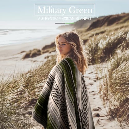 Hydration Nation Authentic Extra Large Mexican Blanket - 70"x50" Handwoven Yoga, Serape, Artisanal Falsa - Camping, Picnic, Outdoor (Military Green) - color: Military Green