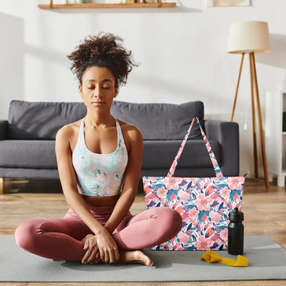 Yoga Bag for Women, Large Canvas Yoga Mat Tote Bag with Yoga Mat Carrier | Large Mat Pocket Fitness Tote for Pilates, Gym, Travel, Office & Beach - color: Pink Flower