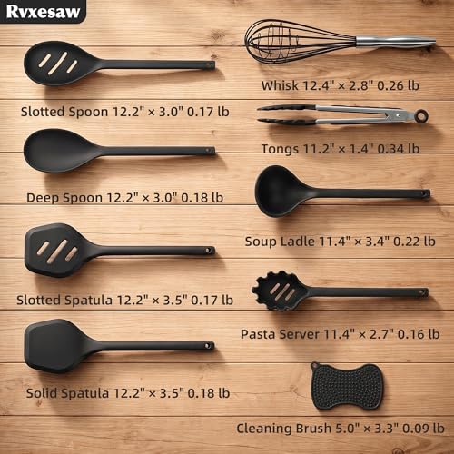 Kitchen Utensils Set,9 PCS Silicone Cooking Utensils Set Spatula Set,Non Toxic Cooking Utensils,Tongs,Spoon,Whisk,Brush,BPA Free Kitchen Gadgets for Non-Stick Cookware,Home Essential(Black-9P) - color: Black