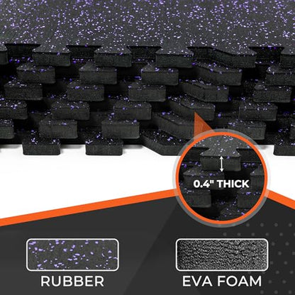 SUPERJARE 0.4'' Thick 24 Pcs 96 Sq Ft Rubber Top Exercise Equipment Mats, High Density EVA Foam Mats with Rubber Top, Interlocking Gym Flooring for Home Gym, Protective Workout Mat, Black/Purple - size: 24 Tiles (96 Sq Ft)