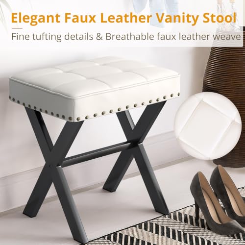 LUE BONA White Vanity Stool - Square Faux Leather Makeup Seat With Metal X Legs, Small Ottoman Chair for Makeup Room, Living Room, Bathroom - Padded Foot Rest - color: White Color