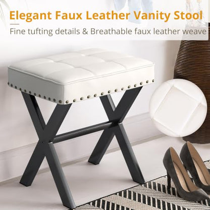 LUE BONA White Vanity Stool - Square Faux Leather Makeup Seat With Metal X Legs, Small Ottoman Chair for Makeup Room, Living Room, Bathroom - Padded Foot Rest - color: White Color