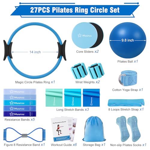 Pilates Kit Equipment, Pilates Ring and Ball for Women Home Workout | Pilates Set with 14'' Magic Circle, Wrist Weights, Resistance Bands, Yoga Strap, Socks, Bag, Essentials Accessories Kit - color: Blue