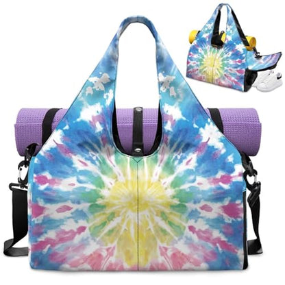 Yoga Mat Bag for Men Women Canvas Yoga Mat Carrier Take In Out Mat Easily for Beach Swim Bags Pool Sports Gym - color: Blue Tie-Dye
