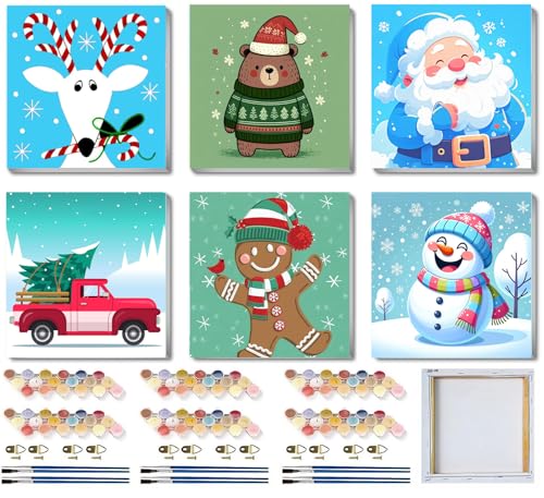 SYDYLH 6 Packs Framed Chrsitmas Paint by Numbers Kit for Kids Ages 8-12,Snowman Easy Acrylic Paint by Number Framed on Canvas,Number Painting Paint by Numbers Kit for Home Wall Decoe 8x8inch - color: Chrsitmas Paint By Numbers with Framed 6-pack, size: 8'