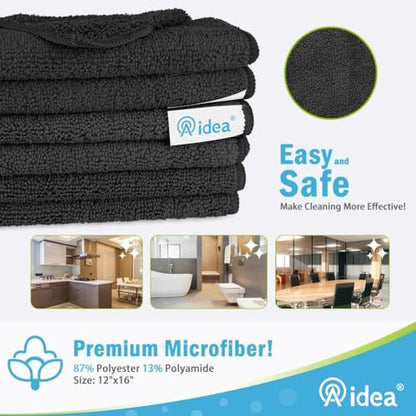 AIDEA Black Microfiber Cleaning Cloth-8PK, Cleaning Rags 12"x 16" Reusable - color: Black, size: 12in.x16in.