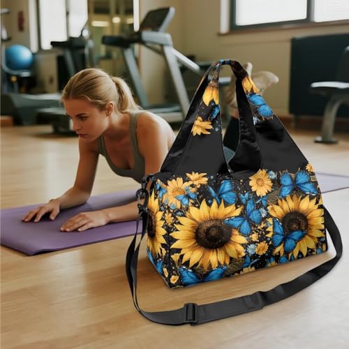 Gym Bag with Yoga Mat Holder Large Tote Bag With Multi Pockets for Women Men Dry Wet Separated Pocket Carryall Yoga Tote Bag for Pilates Travel Workout Office - color: Blue Butterfly