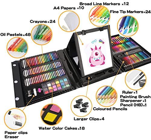 Art Supplies Kit for Kids Ages 5-12, 208-Pack Gifts Art Case Coloring Set, Drawing Kits with Trifold Easel, Arts Set for Girls Boys, Crayons, Markers, Coloring Book, Scissors, Sticker, Origami Paper - color: Black