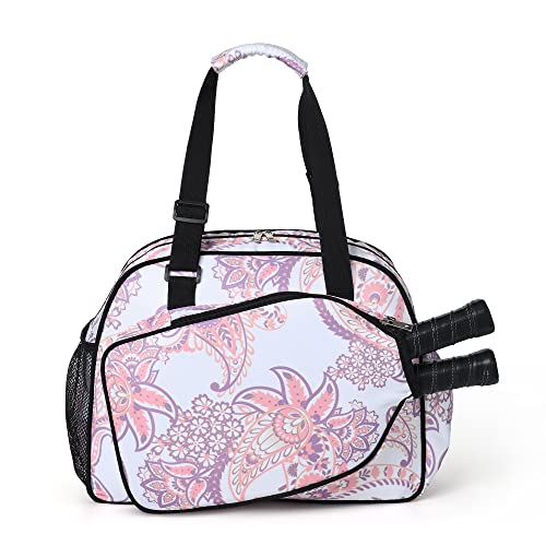 Boulder Bee Pickleball Tote Bag for Women with Paddle Holder | Fits 2 paddles. 2 side pockets for water bottle. Lightweight. Vintage floral patterns. Perfect gym & court bag. - color: Pink cashew flower