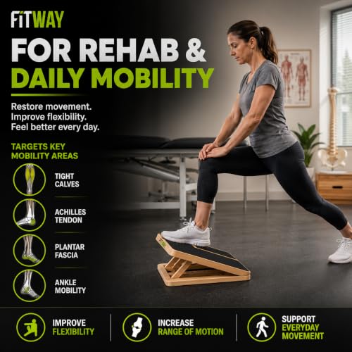 Adjustable Wooden Slant Board, 5-Level Calf Stretcher for Mobility & Rehab | Non-slip velour surface, 5-level incline, 5 resistance bands. Foldable, portable for home gym, physical therapy & rehab use.