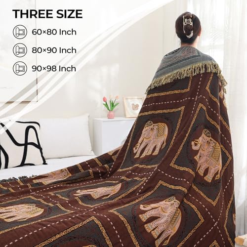 Elephant Pattern Cotton Boho Throw Blanket for Bed with Tassels 80"×90" - color: Brown Elephant, size: 80"x90"