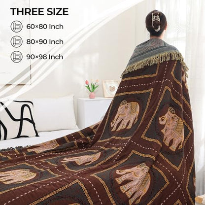 Elephant Pattern Cotton Boho Throw Blanket for Bed with Tassels 80"×90" - color: Brown Elephant, size: 80"x90"