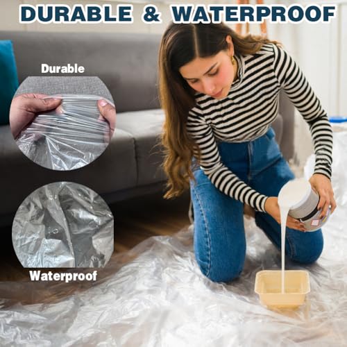 12 x 9 Ft Plastic Drop Cloths (4 - Pack) - Painter Plastic Drop Cloths Sheet - Waterproof Anti-dust Cover - Painter's Sheeting & Tarps for Painting - Waterproof Furniture/Couch/Floor Protection