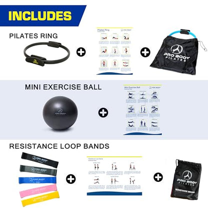ProBody Pilates Home Workout Bundle (3pcs) - Black 14" Magic Circle, 9" Mini Exercise Ball and 5 Resistance Bands Bundle for Stability, Barre, Yoga, and Physical Therapy
