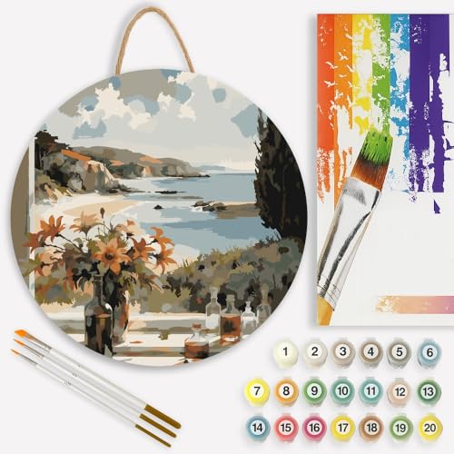 Floral on the Windows Paint by Numbers Kit for Adults on Wood Board – DIY Orange Flower and Ocean View Wood Craft Painting Kit, 12 in Round,Acrylic Paint Set,Beginner-Friendly,Relaxing Home Decor Gift - color: FM06474