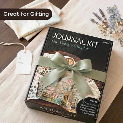 Unwynd Vintage Chapter Journal Scrapbook Starter Kit for Women Adult Teen | Junk Scrapbook Supplies - Washi Tape, Stickers, Paper, Bullet Art, DIY Journaling Scrapbooks Set - Calligraphy & Sumi Brushes