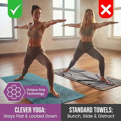 Clever Yoga Hot Yoga Mat Towel – Non-Slip Grip for Hot Yoga, Sweat Absorbent, Honeycomb Silicone Grip, Stays Flat – Ideal for Pilates, Travel, Washable & Lightweight - Turquoise - color: Turquoise