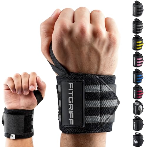 Fitgriff® Wrist Wraps for Weightlifting (18") Heavy-Duty Support for Gym, Bench Press, and Pushups (1 Pair) - for Men and Women (Black/Grey) - color: Black/Grey