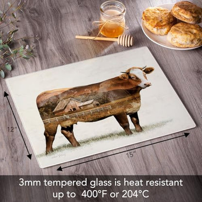 CounterArt Cow Landscape 3mm Tempered Glass Cutting Board 12" x 15" | Serving Board, Charcuterie Board - color: Cow Landscape