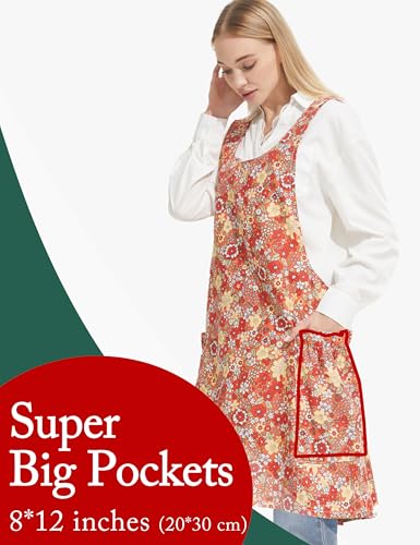 Cozy Adjustable Cross Back Aprons for Women with Pockets Cotton Linen Cooking Kitchen Baking - color: Red Floral