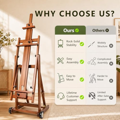 DJAR Large H-Frame Painting Easel for Adults, Solid Beech Wood, Walnut | Movable & Tilting Flat Floor Stand, Holds Canvases up to 78", Adjustable Heavy Duty Studio Art Easel for Artists - style: Walnut H-Frame Easel