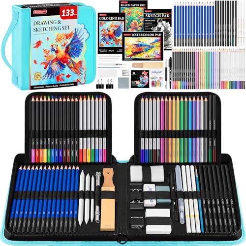 133 Pack Drawing Set Sketching Kit, Pro Art Supplies Sketch Pencils Set | with Sketch Book, Coloring Book, Watercolor Pad, Black Paper Pad, Graphite Colored Charcoal Watercolor & Metallic Pencils - color: Teal, size: 133 Pack