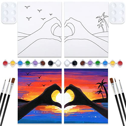 VOCHIC Sip and Paint Kit,Pre Drawn Canvas Couples Paint Party Kit Painting Art Set for Adults Date Night Sunset Heart 2 Pack (8 x 10 Inches) - size: 8x10, style: Sunset Heart