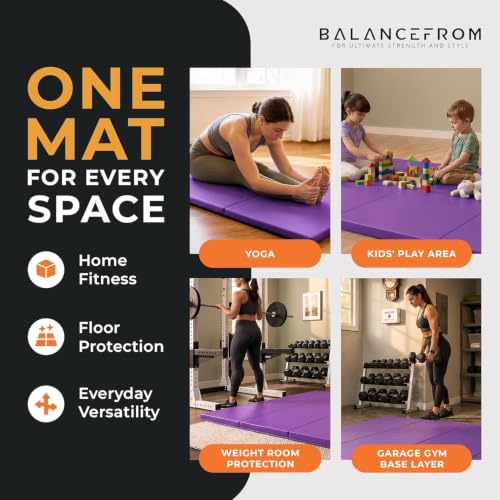 BalanceFrom 10x4 Feet 4-Panel Folding Gymnastics Mat – 2-Inch Thick Pad with Vinyl Surface and Carrying Handles for Tumbling, Yoga, Pilates, Home Workouts, and Martial Arts - color: Purple