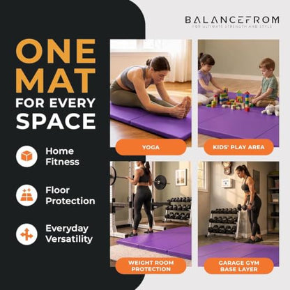 BalanceFrom 10x4 Feet 4-Panel Folding Gymnastics Mat – 2-Inch Thick Pad with Vinyl Surface and Carrying Handles for Tumbling, Yoga, Pilates, Home Workouts, and Martial Arts - color: Purple