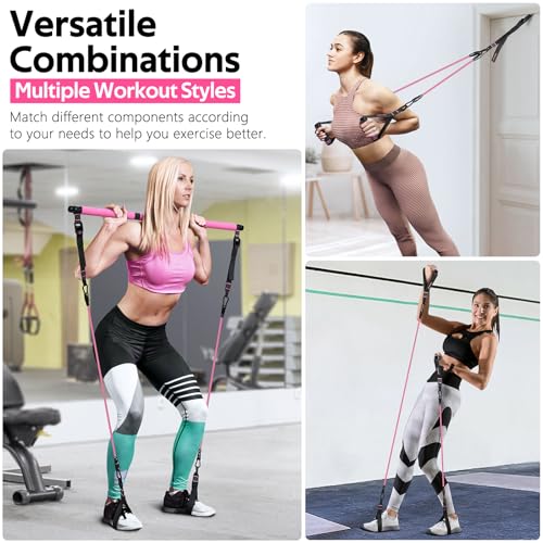 Pilates Bar Kit with 6 Latex Resistance Bands, Adjustable Exercise Bar - color: Pink