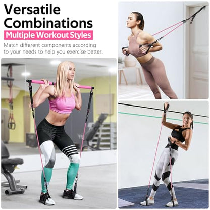 Pilates Bar Kit with 6 Latex Resistance Bands, Adjustable Exercise Bar - color: Pink