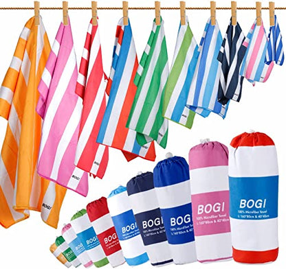 BOGI Microfiber Beach Towel Set for Travel Bath Beach Swim Gym Yoga（L 63''x31.5''） - color: Blue Stripes, size: L:63"x31.5" with 16"x16"