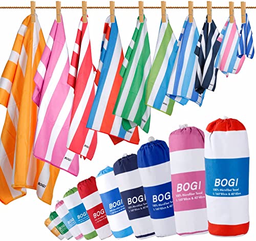 BOGI Microfiber Beach Towel Set for Travel Bath Beach Swim Gym Yoga（XL 79''x35.5''） - color: Blue Stripes, size: XL:79"x35.5" with 16"x16"