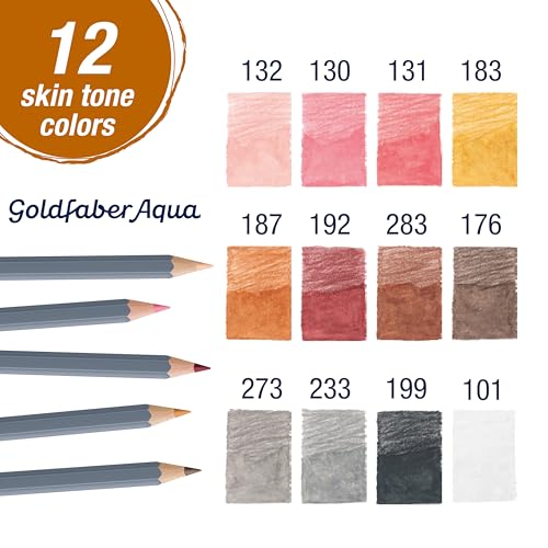 Faber-Castell Goldfaber Aqua Watercolor Pencils: Skin Tone Colored Pencils for Portraits, Dual Use Wet or Dry, Break-Resistant Cores, Art Supplies for Teens & Adults (12 Count)
