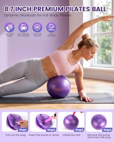 Pilates Kit, 24 in 1Home Pilates Workout Kit for Women, Pilates Equipment with 13" Pilates Ring and Ball, Starter Home Workouts - color: Purple