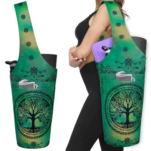 Yoga Mat Bag - Long Tote with Pockets - Holds More Yoga Accessories - Yoga Bag Fit Most Size Mats - Yoga Mat Carrier - color: Tree of Life Green