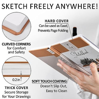 Sketch Book Hardcover 60 Pages Thick 500 GSM / 230 lb Acid Free Paper Lay Flat Bound for Drawing and Sketching 6,14” x 8,25” for Kids and Adults Beginners and Professionals Eco Friendly