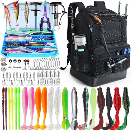 Fishing Backpack with Tackle Boxes and Rod Holder, Cooler, 30L Large Tackle Bag with Fishing Gear Lures Kit, Waterproof Bottom tackle Backpack Fish Set Gifts for Men Women-Black Back Pack - color: All Black