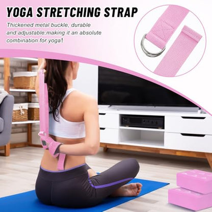 RETON 2 Pack Yoga Blocks and 2 Yoga Straps Set, Soft Non-Slip Yoga Block for Pilates, High Density EVA Foam Yoga Brick with Yoga Strap for General Fitness, Stretching, Improve Strength and Flexibility - color: Pink