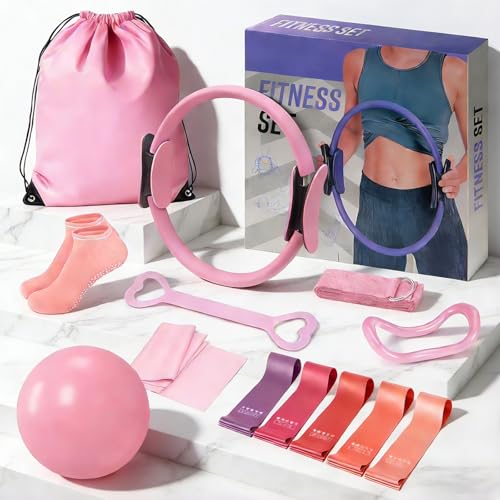 Pilates Ring Set for Women, Pilates Equipment Set, Pilates Kit for Home Workouts with Resistance Bands, 12'' Magic Circle, Mini Ball, Toning and Flexibility, Non-Slip Socks, 13 Pack Total, Pink
