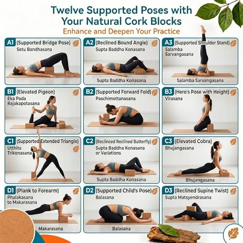 2 Pack Natural Cork Yoga Blocks, High Density Non-Slip Yoga Bricks for Pilates, Stretching, Balance and Flexibility Training - size: 9 x 6 x 4 Inch High Density