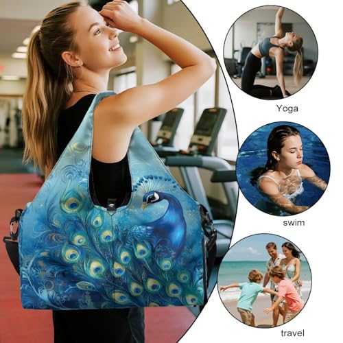 Yoga Mat Bag for Men Women Canvas Yoga Mat Carrier Take In Out Mat Easily for Beach Swim Bags Pool Sports Gym - color: Blue Peacock