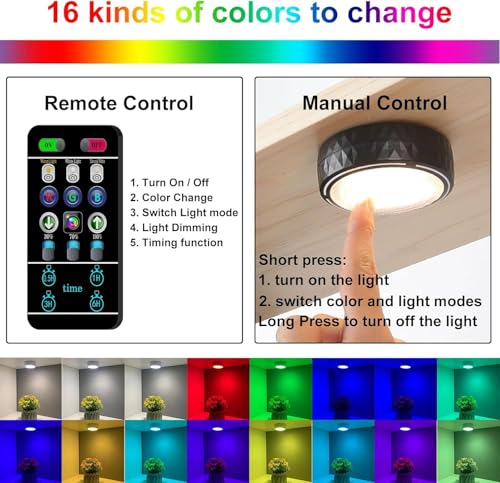 LED Puck Lights with Remote Battery Operated Under Cabinet Lighting Wireless Stick on Lights Color Changing Timer Tap Lights for Cabinets Shelves Closets Display Case - 6Pack Black | 3x1.2in, Wireless, Adhesive Stick on, Push Tap Lights for Cabinet, Kitch