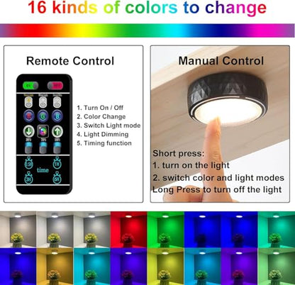 LED Puck Lights with Remote Battery Operated Under Cabinet Lighting Wireless Stick on Lights Color Changing Timer Tap Lights for Cabinets Shelves Closets Display Case - 6Pack Black | 3x1.2in, Wireless, Adhesive Stick on, Push Tap Lights for Cabinet, Kitch