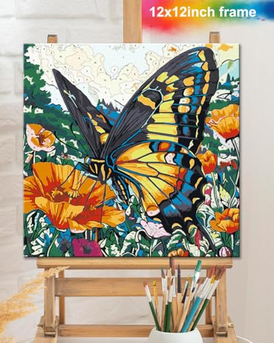 TOCARE Framed Paint by Numbers Kit for Adults & Kids Ages 8-12, 12x12Inch Colorful Butterfly Paint by Numbers with Frame, Flower Paint by Number Framed Canvas for Animal Lovers (Without Easel) - color: TC-F-368